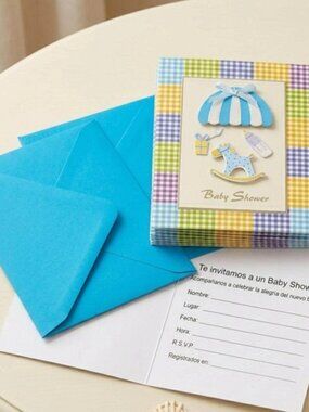 Spanish Baby Shower Invitations – Blue Rocking Horse 3D Texture with Envelopes